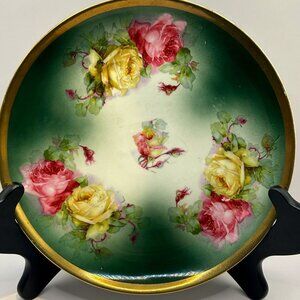 Württemberg Porcelain Plate Green Background with Pink and Yellow Roses